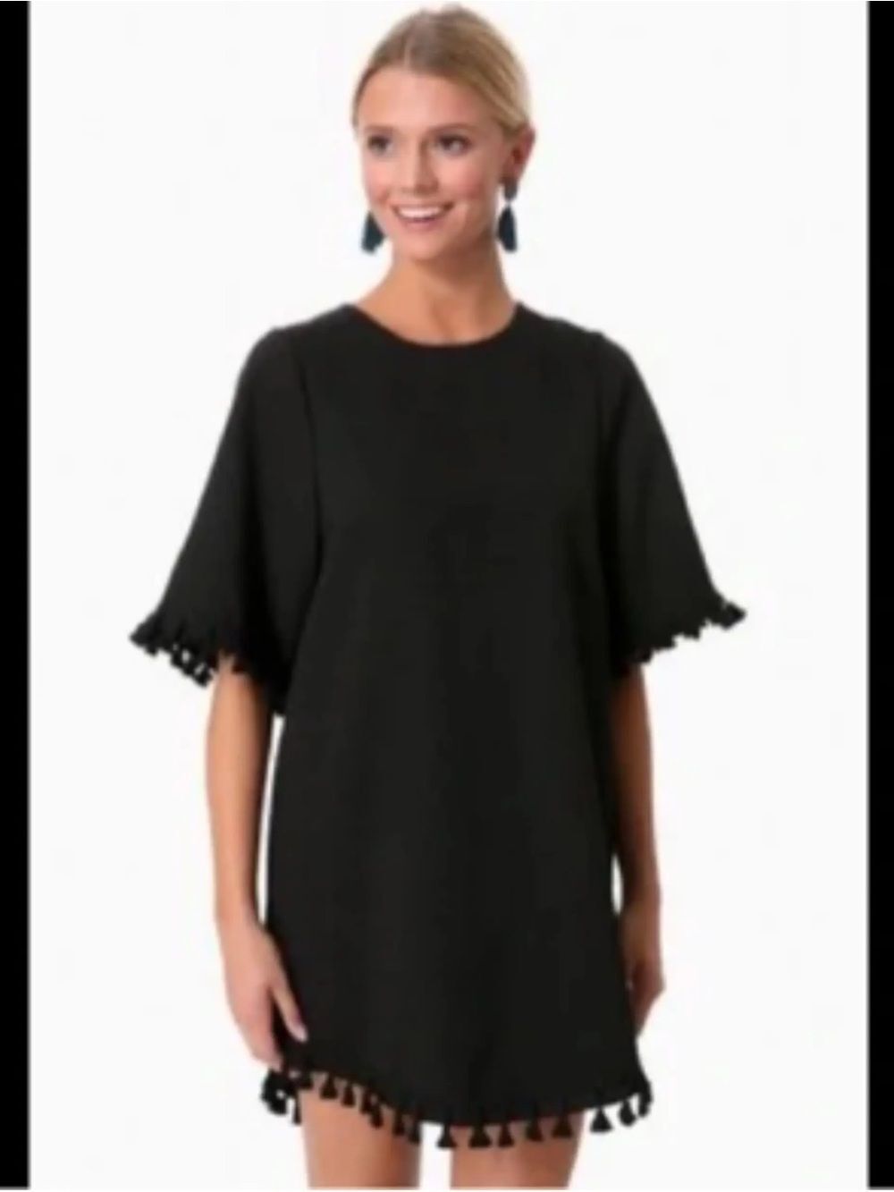 Blaque Label Solid Black Tassel Trim Boho Shift Mini Dress Women’s Size Small